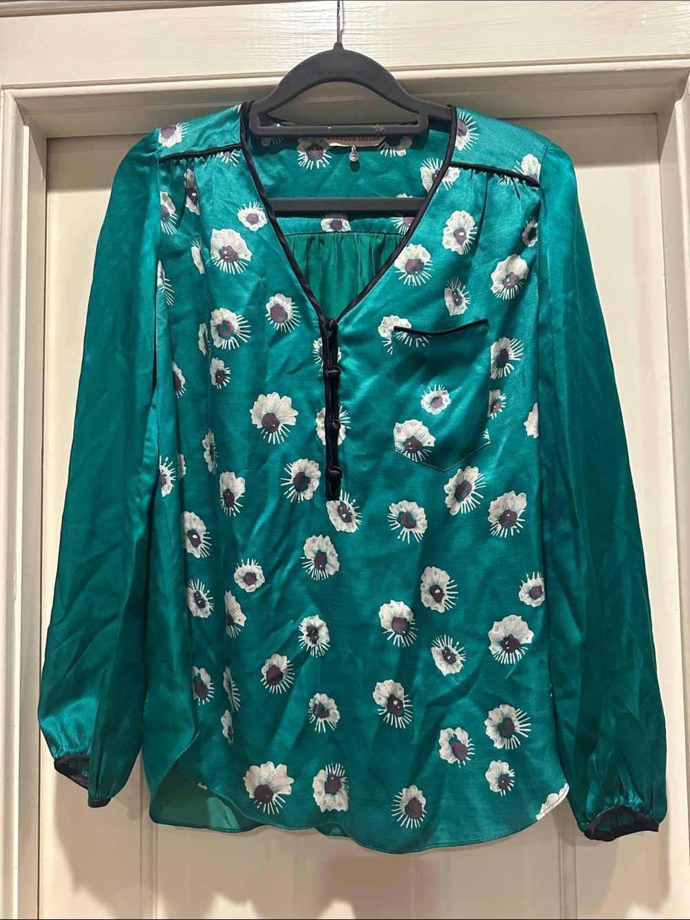Rebecca Taylor Teal Floral V-Neck Silk Blouse